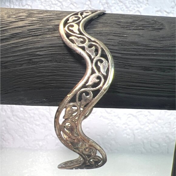 Vtg Sterling Silver 925 Wavy Openwork Bangle Bracelet 7.75" 12.6g Vine design - Picture 3 of 6
